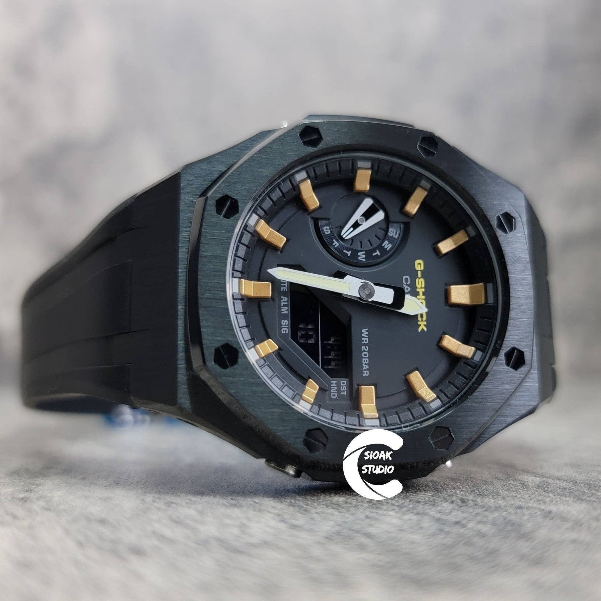 Casioak Mod Watch Black Case Black Rubber Strap Black Gold Time Mark Black Dial 44mm - Casioak Studio