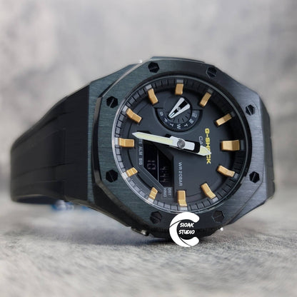 Casioak Mod Watch Black Case Black Rubber Strap Black Gold Time Mark Black Dial 44mm - Casioak Studio