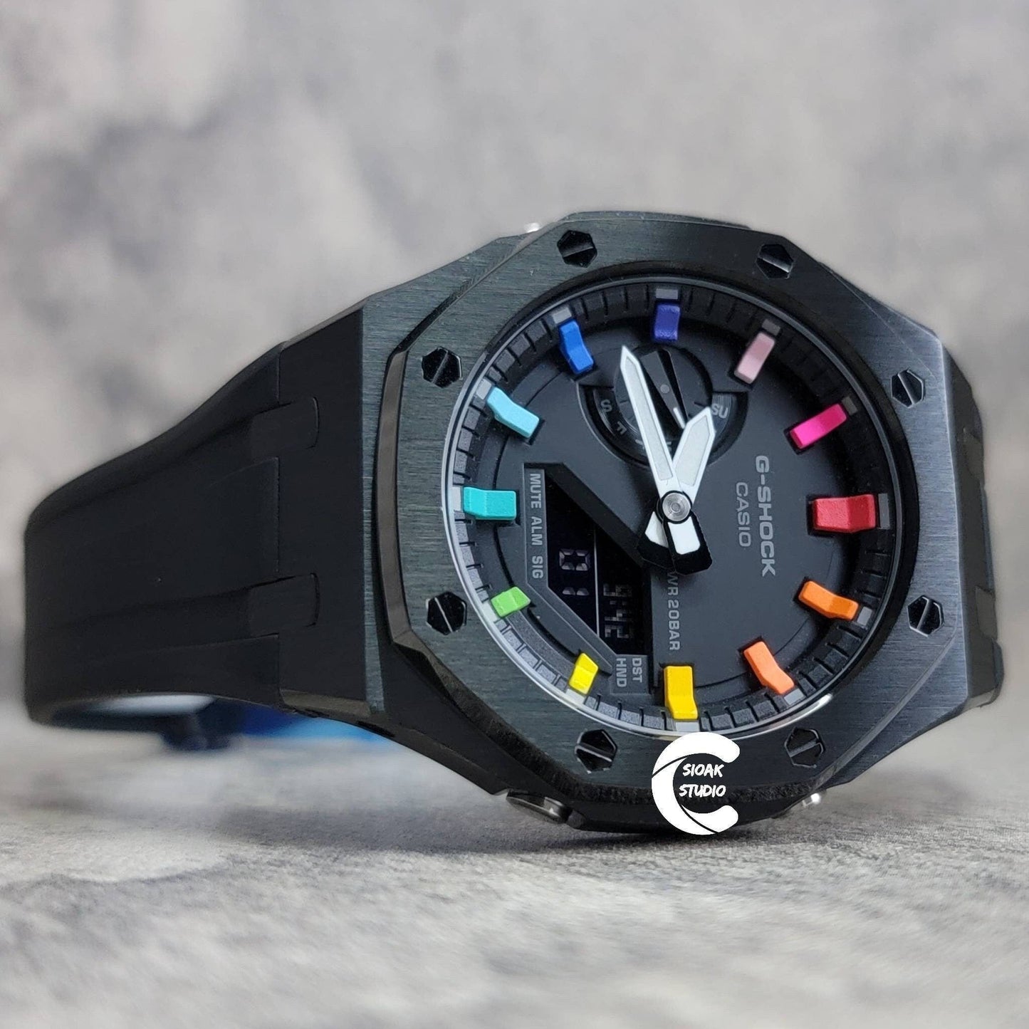 Casioak Mod Watch Black Case Black Rubber Strap Black Rainbow Time Mark Black Dial 44mm - Casioak Studio