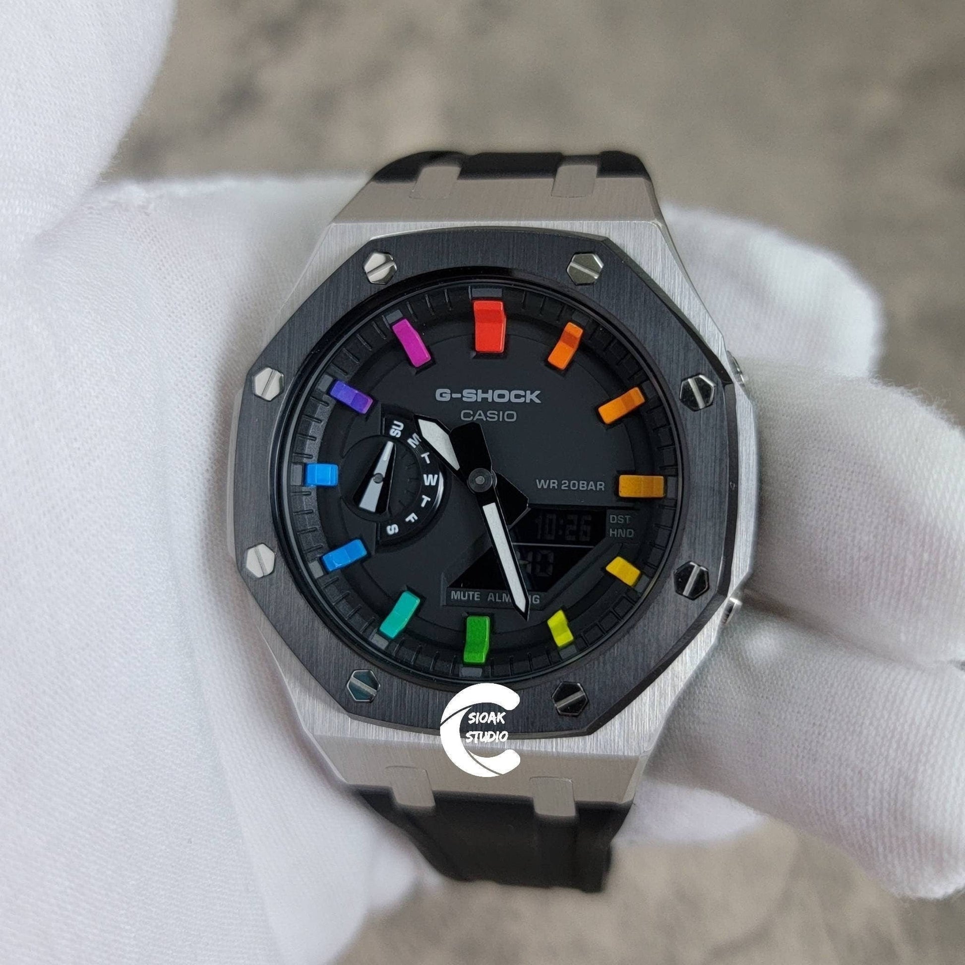 Casioak Mod Watch Black Silver Case Black Rubber Strap Black Rainbow Time Mark Black Dial 44mm - Casioak Studio