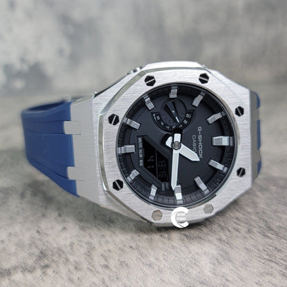 Casioak Mod Watch Silver Case Blue Rubber Strap Black Silver Time Mark Black Dial 44mm - Casioak Studio