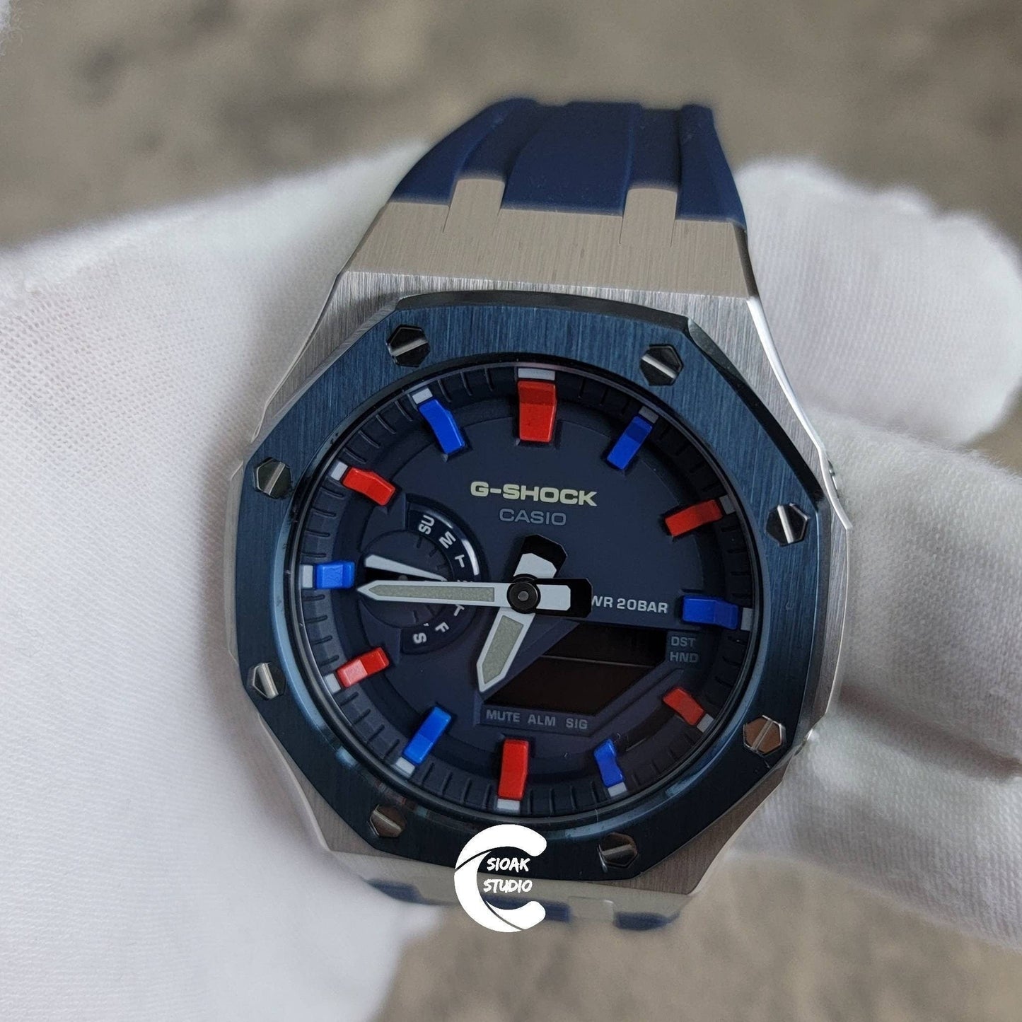 Casioak Mod Watch Blue Silver Case Black Rubber Strap Blue Red Time Mark Blue Dial 44mm - Casioak Studio