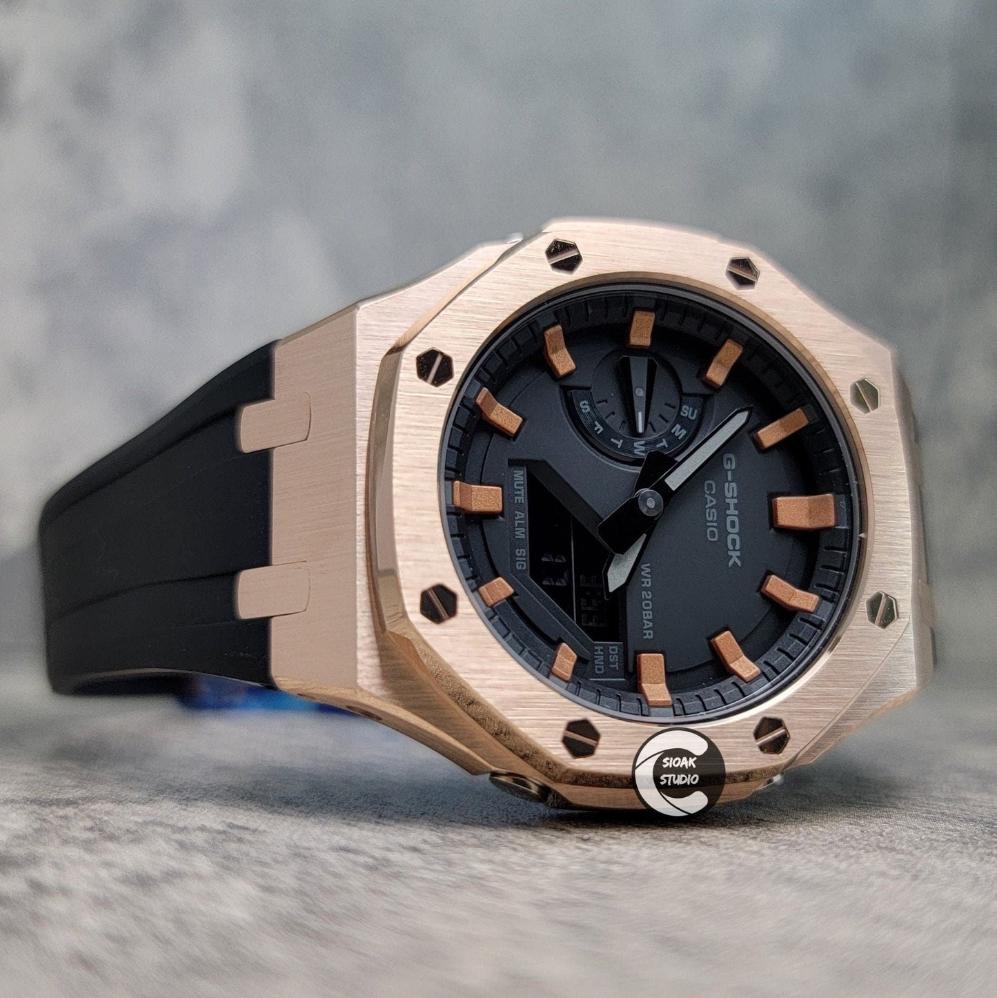 Casioak Mod Watch Rose Gold Case Black Rubber Strap Black Rose Gold Time Mark Black Dial 44mm - Casioak Studio