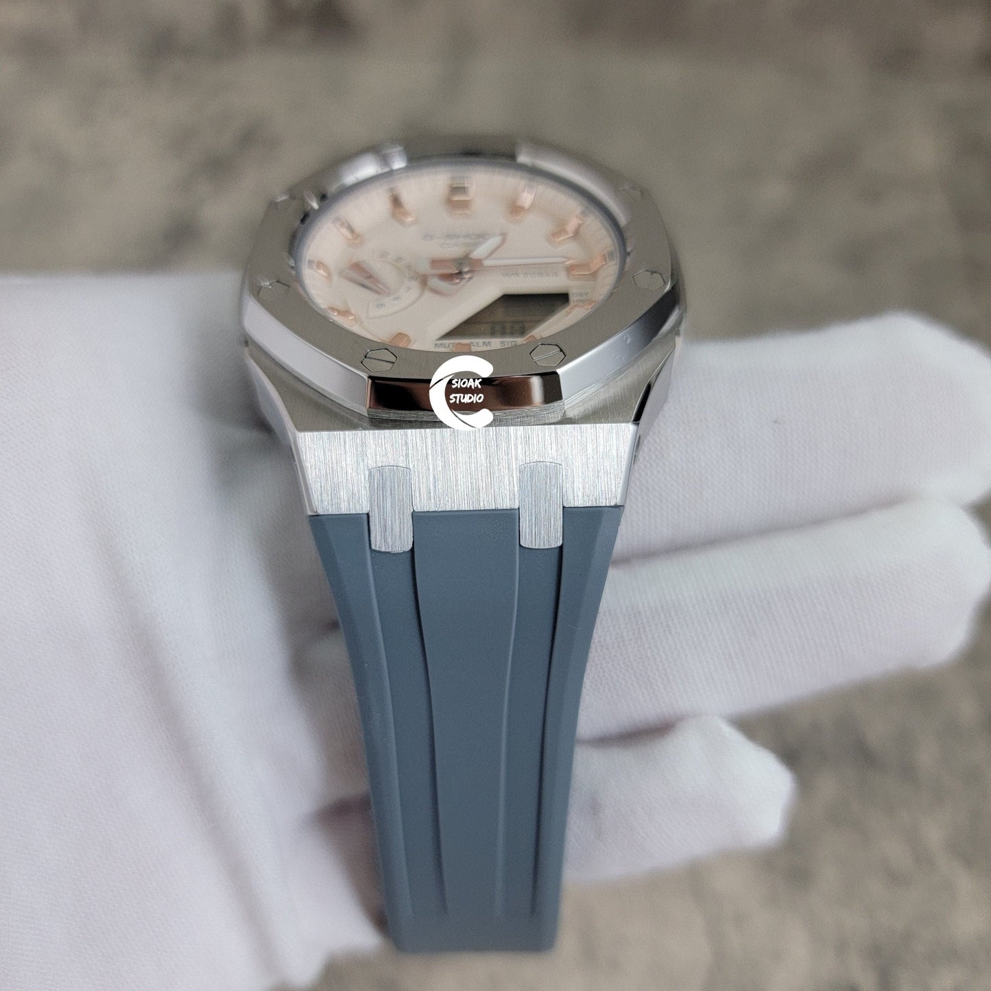 Casioak Mod Watch Silver Case Gray Rubber Strap Beige Rose Gold Time Mark Beige Dial 42mm - Casioak Studio