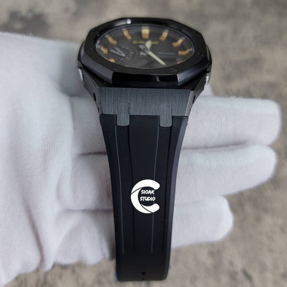 Casioak Mod Watch Black Case Black Rubber Strap Black Gold Time Mark Black Dial 44mm - Casioak Studio