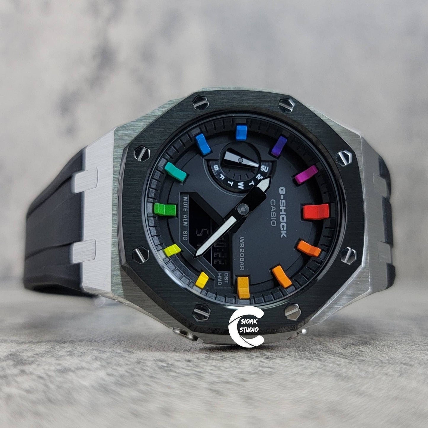 Casioak Mod Watch Black Silver Case Black Rubber Strap Black Rainbow Time Mark Black Dial 44mm - Casioak Studio