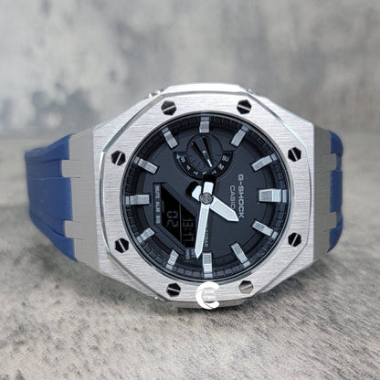 Casioak Mod Watch Silver Case Blue Rubber Strap Black Silver Time Mark Black Dial 44mm - Casioak Studio