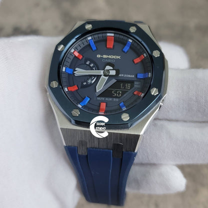 Casioak Mod Watch Blue Silver Case Black Rubber Strap Blue Red Time Mark Blue Dial 44mm - Casioak Studio