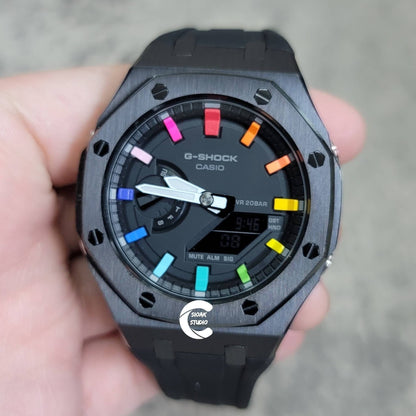 Casioak Mod Watch Black Case Black Rubber Strap Black Rainbow Time Mark Black Dial 44mm - Casioak Studio