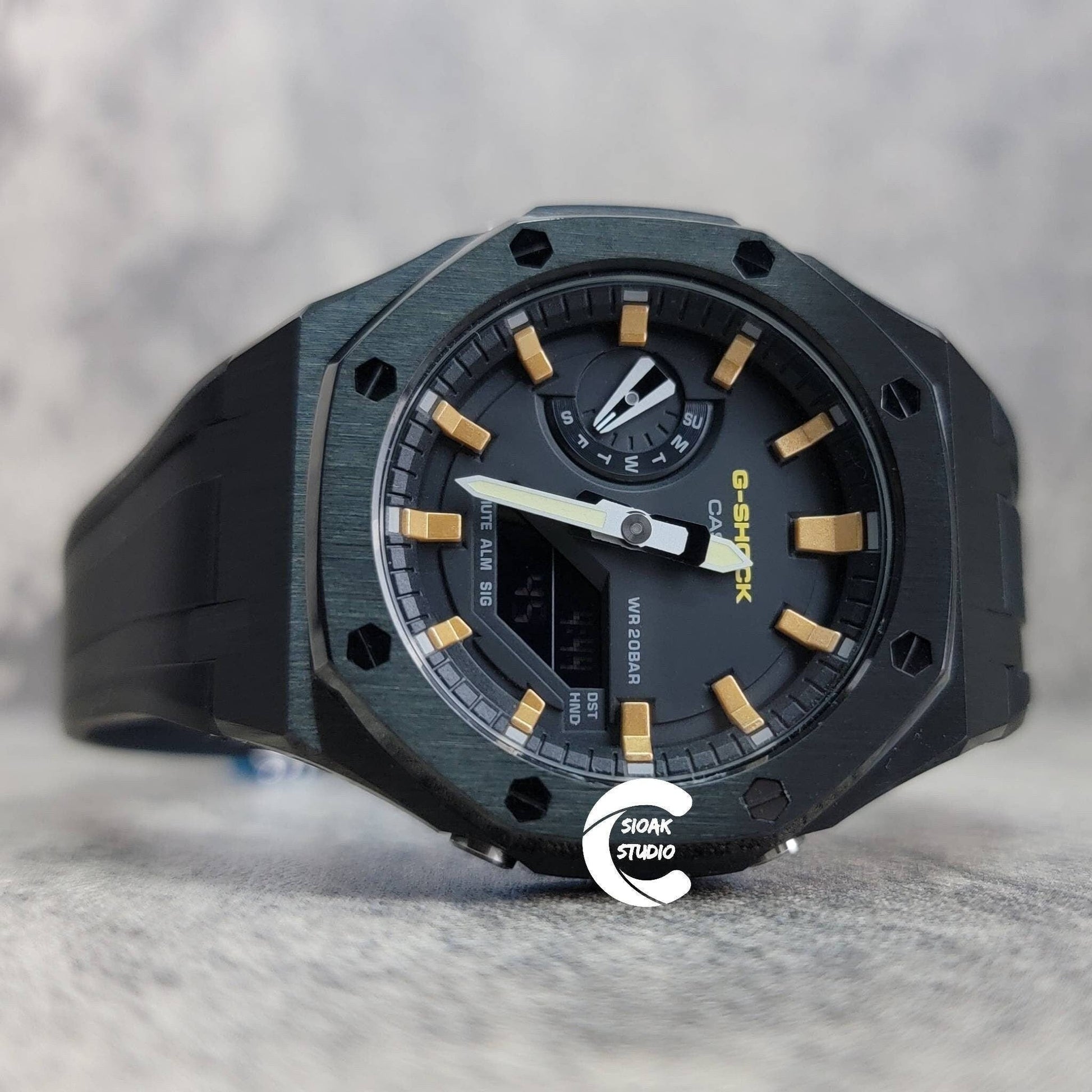 Casioak Mod Watch Black Case Black Rubber Strap Black Gold Time Mark Black Dial 44mm - Casioak Studio