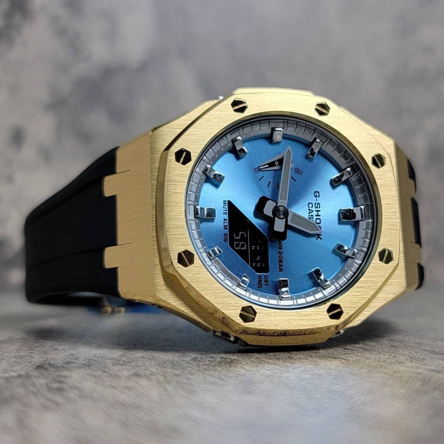 Casioak Mod Watch Gold Case Black Rubber Strap Silver Time Mark Ice  Blue Dial 44mm - Casioak Studio