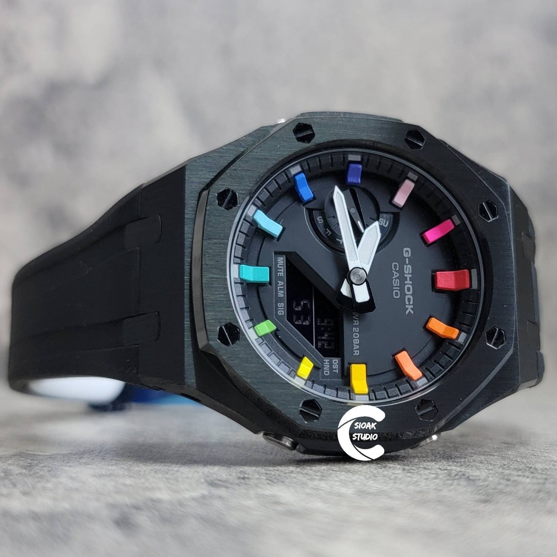 Casioak Mod Watch Black Case Black Rubber Strap Black Rainbow Time Mark Black Dial 44mm - Casioak Studio