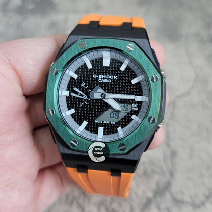 Casioak Mod Watch Offshore Superior Green Black Case Orange Rubber Rubber Strap Gray White Time Mark Black Dial 44mm - Casioak Studio