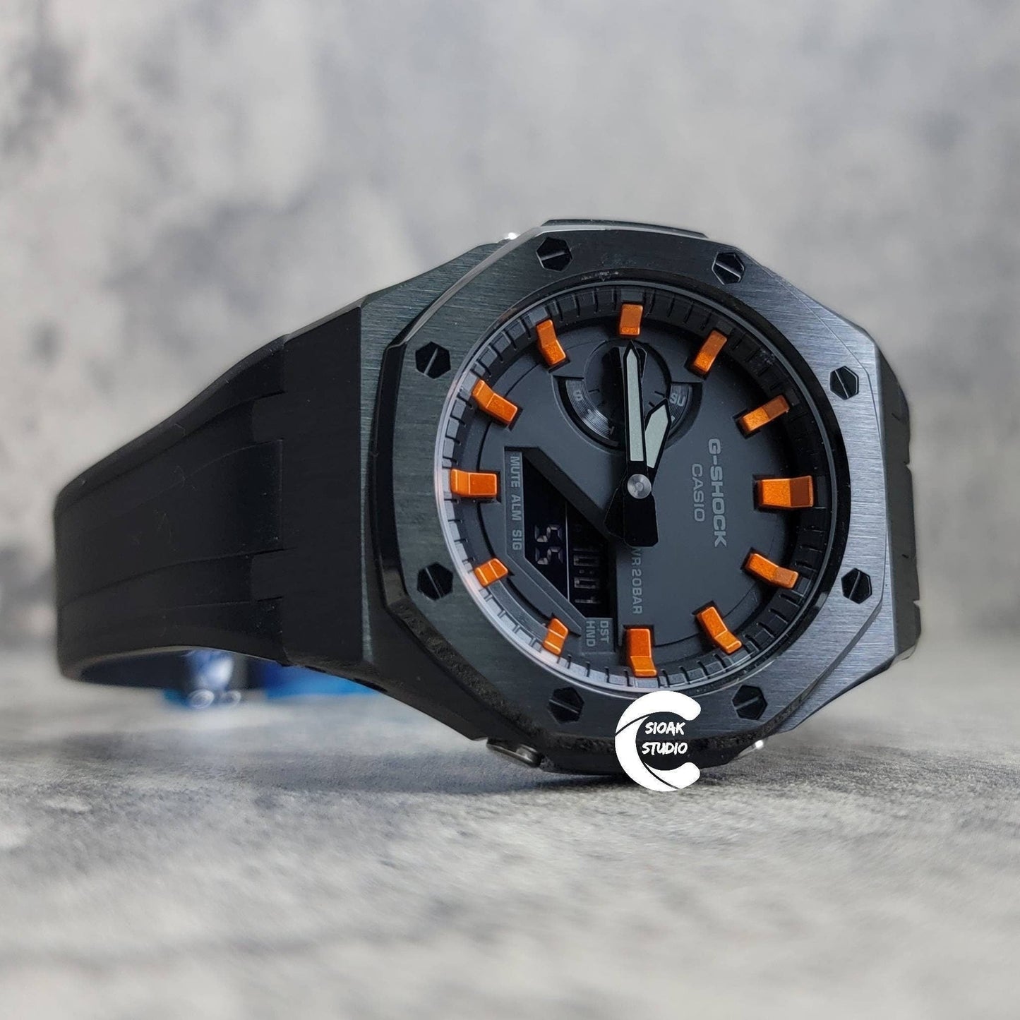 Casioak Mod Watch Black Case Black Rubber Strap Black  Orange Time Mark Black Dial 44mm - Casioak Studio