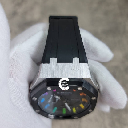 Casioak Mod Watch Black Silver Case Black Rubber Strap Black Rainbow Time Mark Black Dial 44mm - Casioak Studio