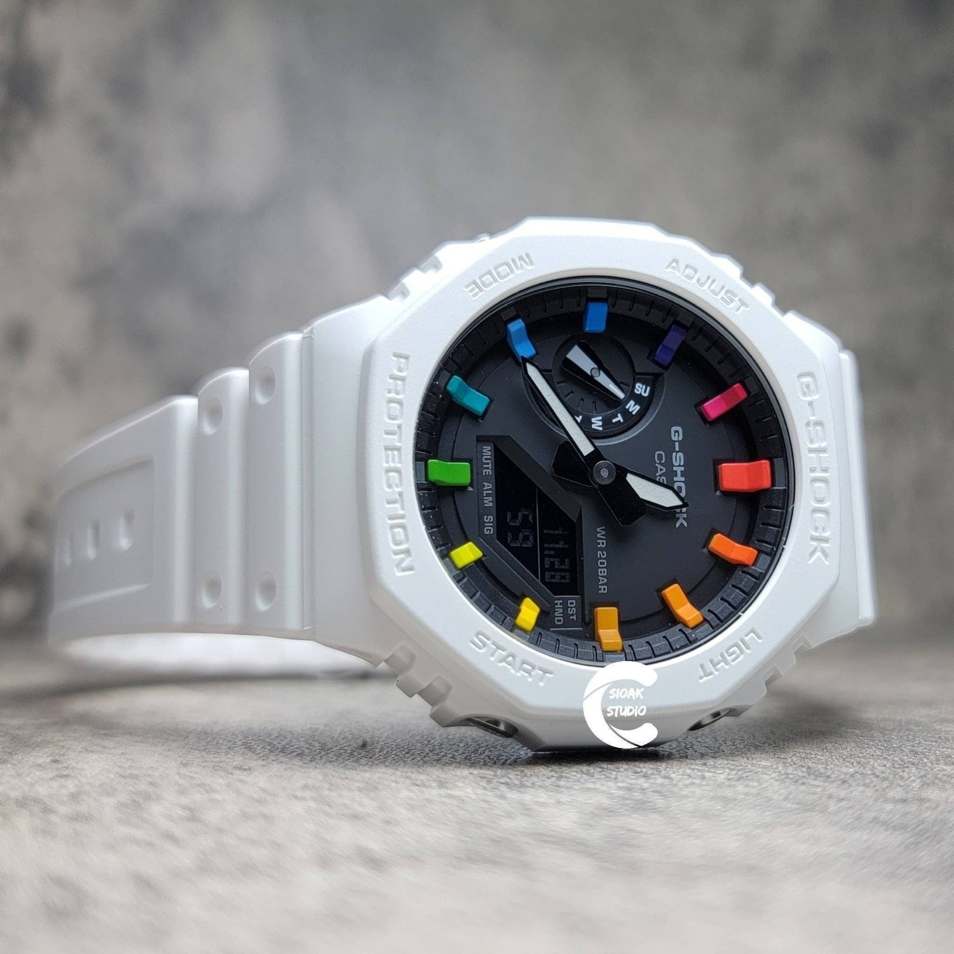 Casioak Mod Watch White Plastic Case White Strap Black Rainbow Time Mark Black Dial 44mm - Casioak Studio