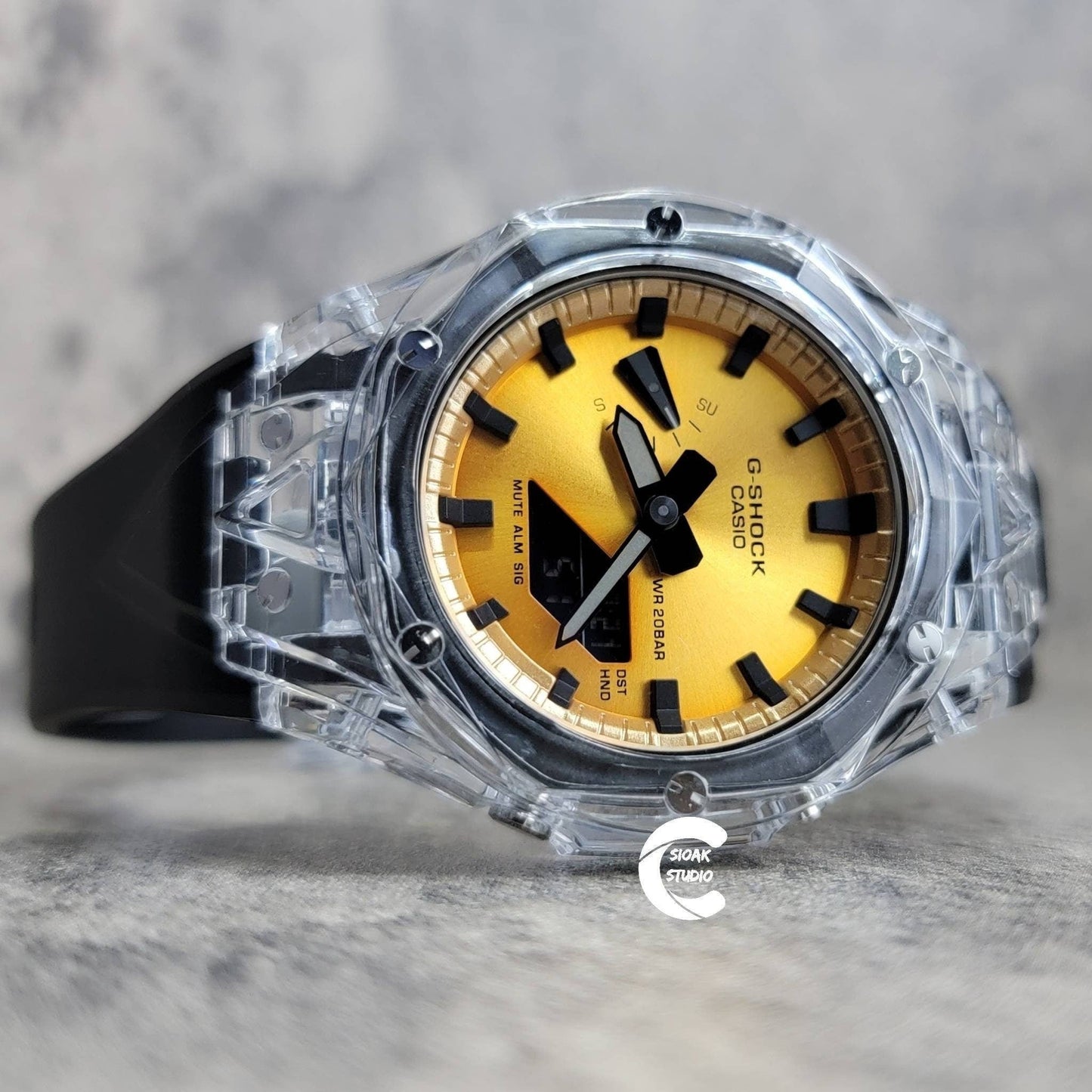 Casioak Mod Watch Transparent Case Black Strap Gold Black Time Mark Gold Dial 44mm - Casioak Studio