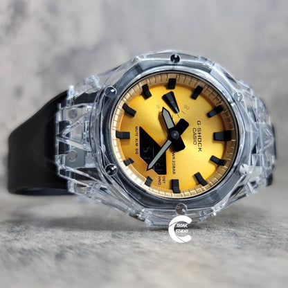 Casioak Mod Watch Transparent Case Black Strap Gold Black Time Mark Gold Dial 44mm - Casioak Studio