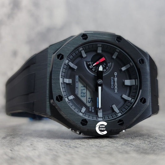 Casioak Mod Watch Solar Bluetooth Black Case Black Rubber Strap Black Gray Time Mark Black Dial 44mm - Casioak Studio