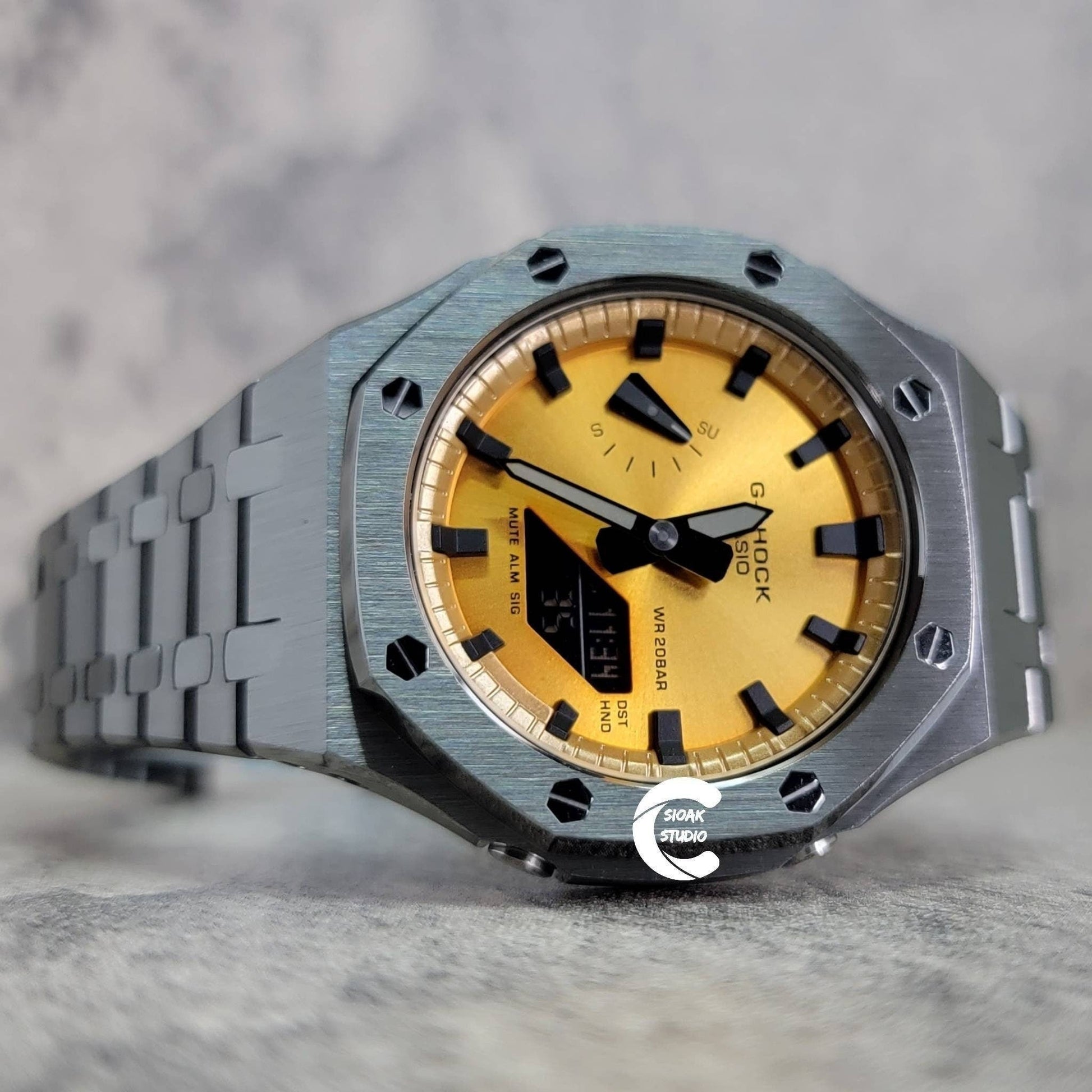 Casioak Mod Watch Gray Case Metal Strap Gold Black Time Mark Gold Dial 44mm - Casioak Studio