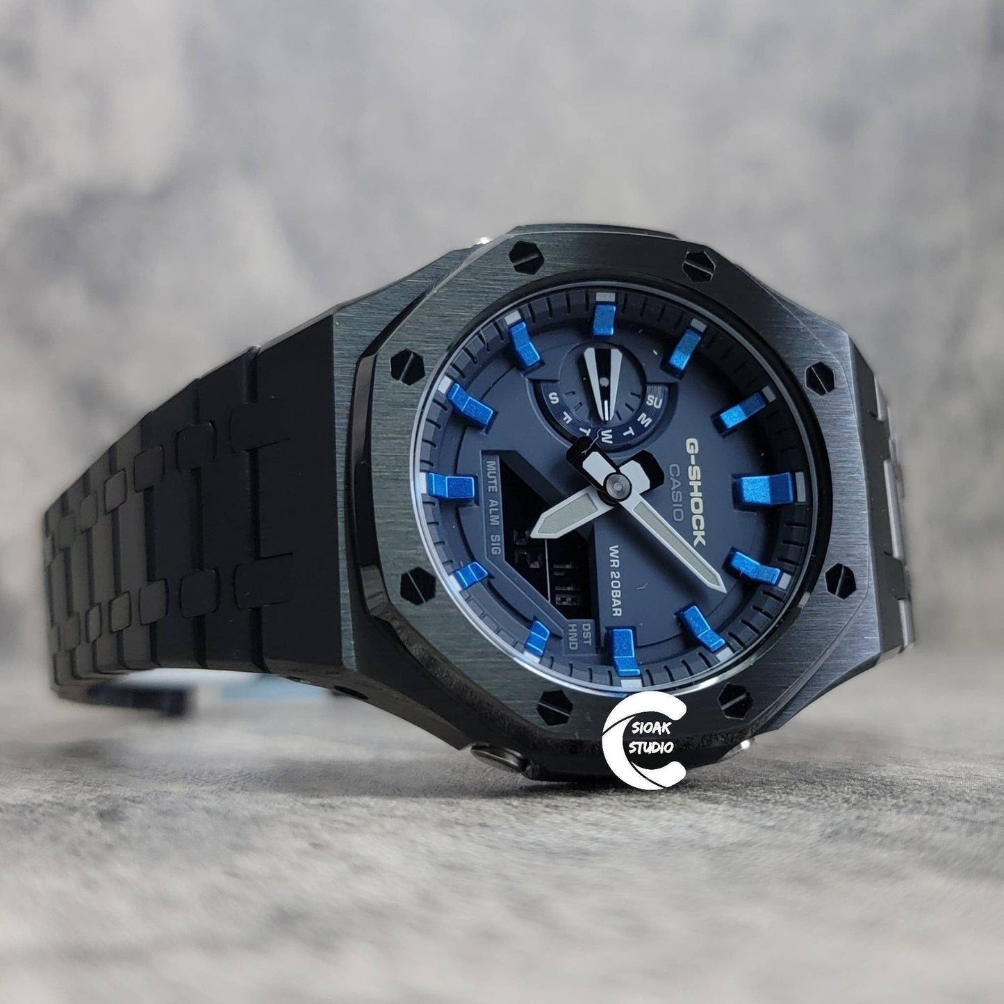 Casioak Mod Watch Black Case Metal Strap Blue  Blue Time Mark Blue Dial 44mm - Casioak Studio