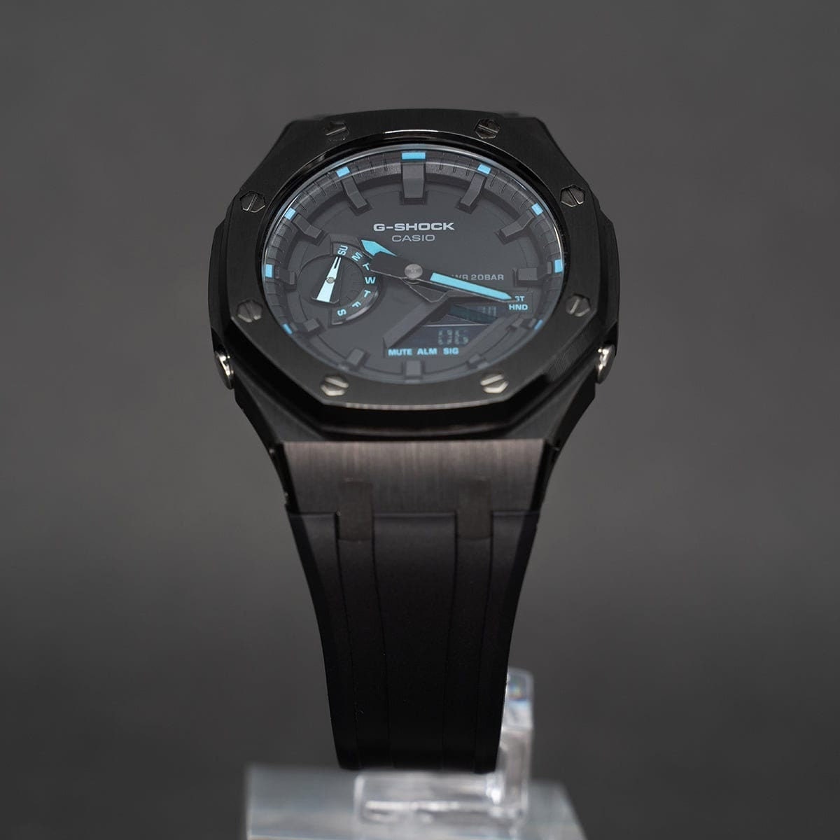 Casioak Mod Watch Black Case Black Rubber Strap Black Time Mark Black Dial 44mm Blue - Casioak Studio