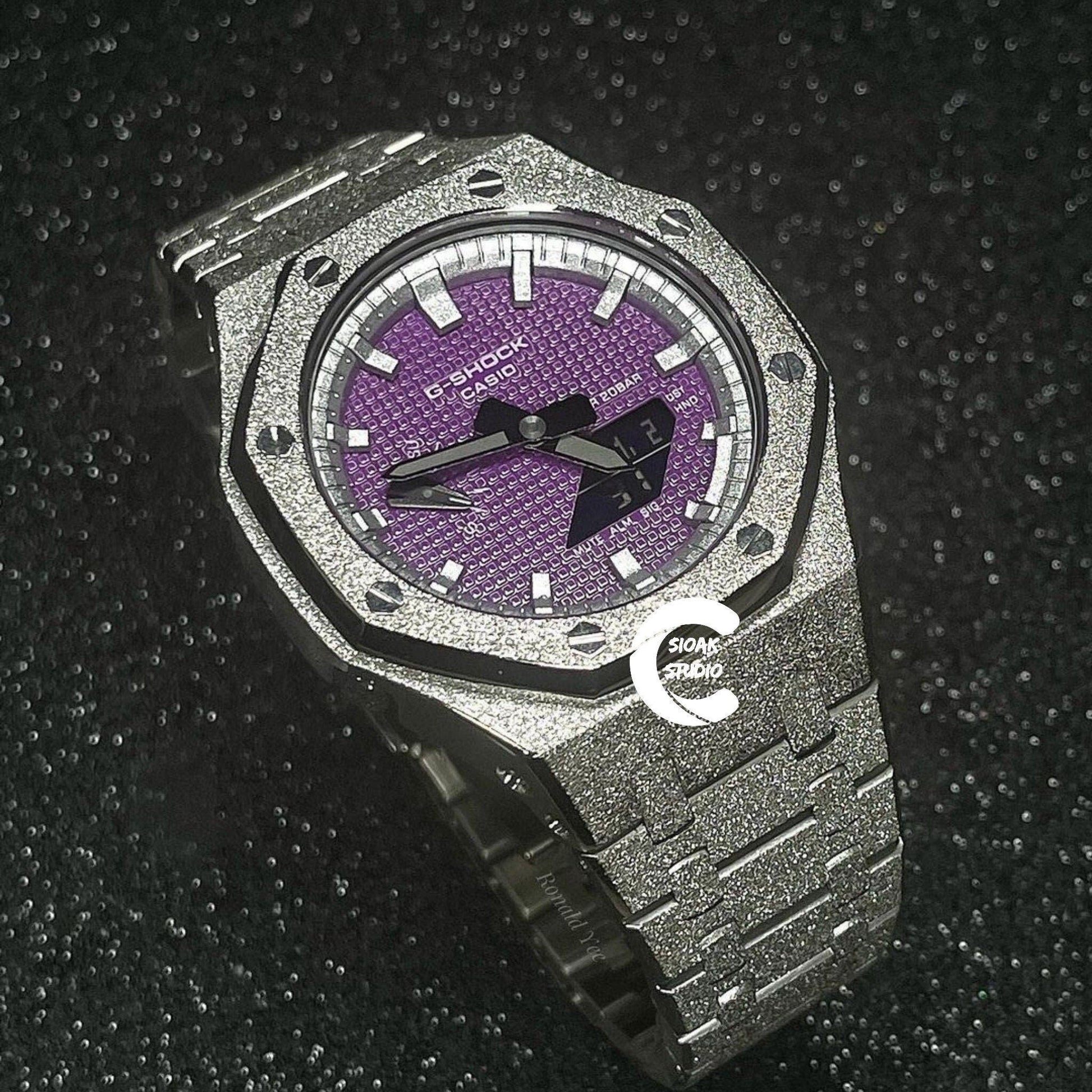 Casioak Mod Watch Frosted Silver Case Metal Strap Silver Time Mark Purple Dial 44mm - Casioak Studio