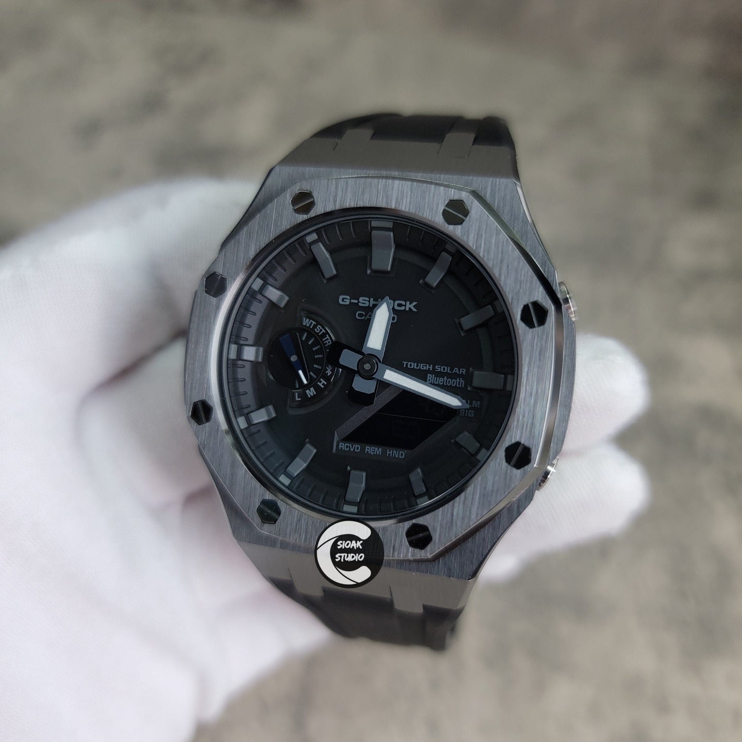 Casioak Mod Watch Solar Bluetooth Gray Case Black Rubber Strap Black Gray Time Mark Black Dial 44mm - Casioak Studio