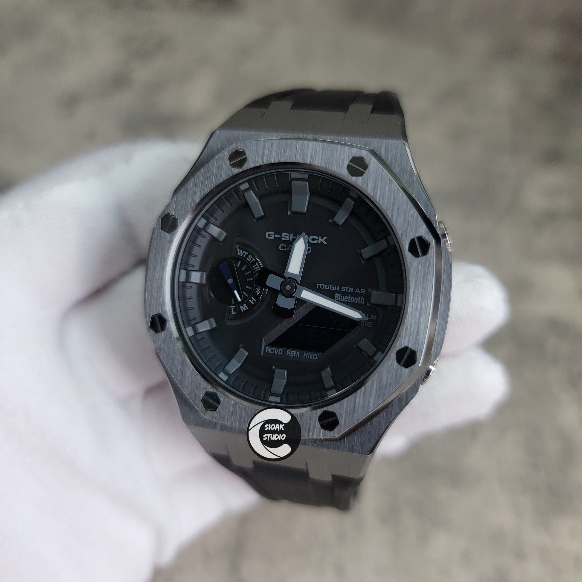 Casioak Mod Watch Solar Bluetooth Gray Case Black Rubber Strap Black Gray Time Mark Black Dial 44mm - Casioak Studio