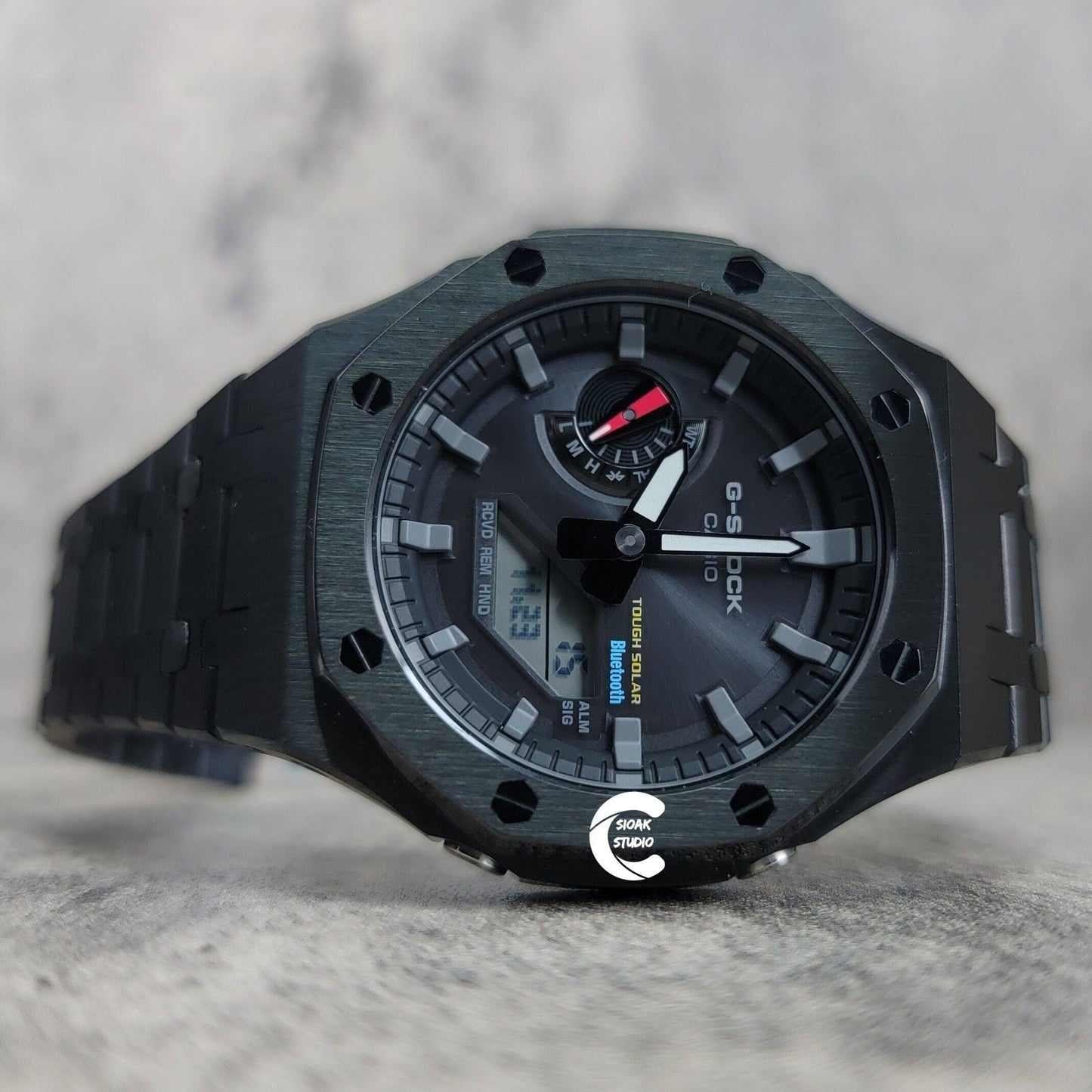 Casioak Mod Watch Solar Bluetooth Black Case Metal Strap Black Gray Time Mark Black Dial 44mm - Casioak Studio