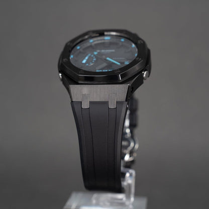 Casioak Mod Watch Black Case Black Rubber Strap Black Time Mark Black Dial 44mm Blue - Casioak Studio