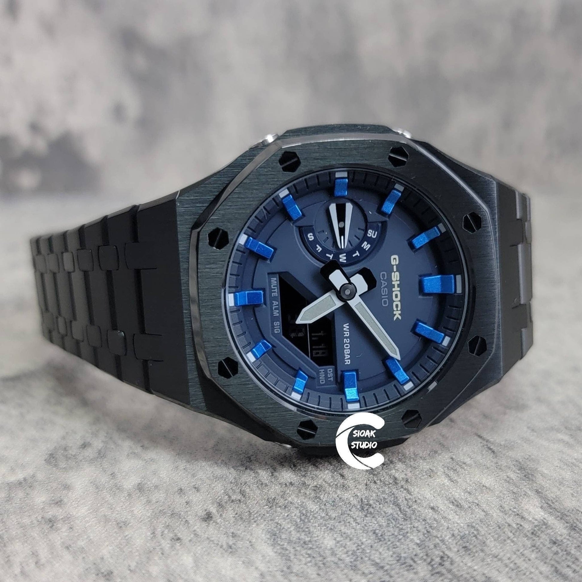 Casioak Mod Watch Black Case Metal Strap Blue  Blue Time Mark Blue Dial 44mm - Casioak Studio