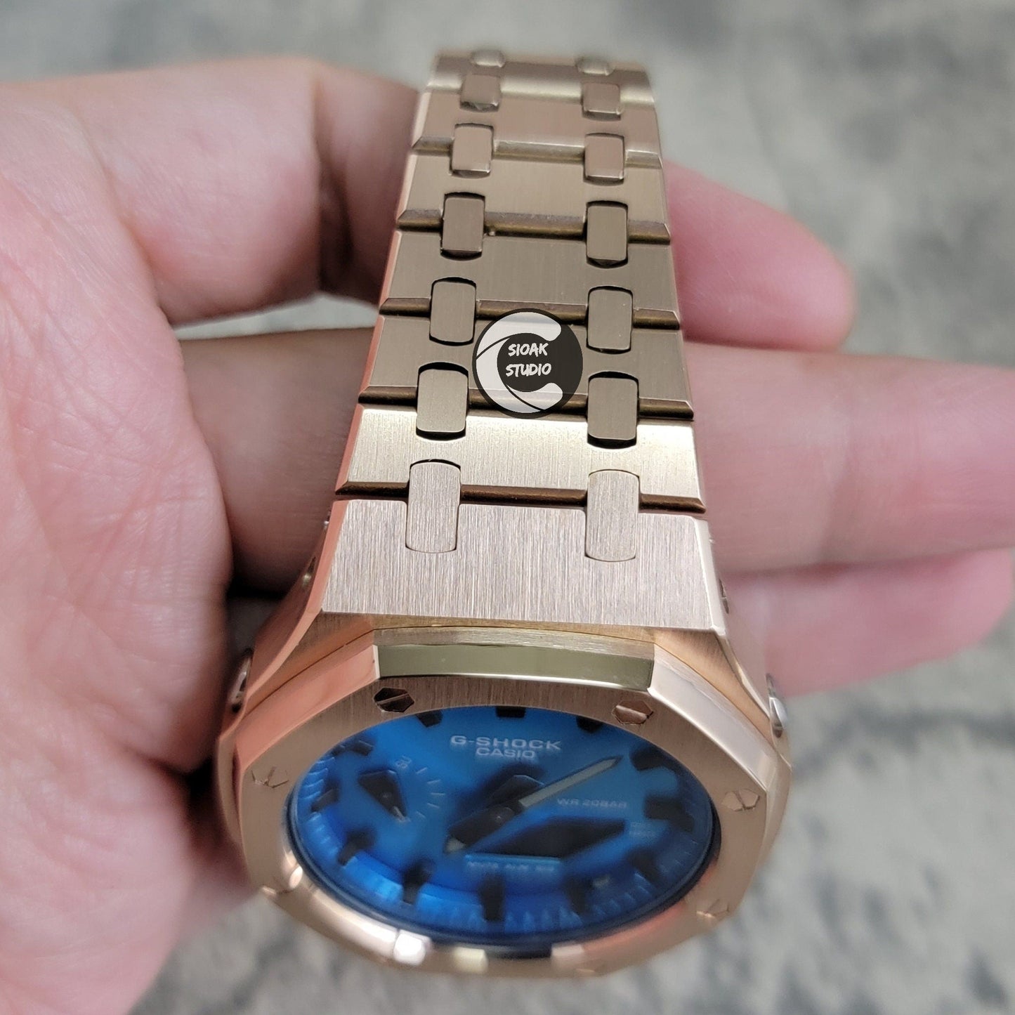 Casioak Mod Watch Rosegold Case Metal Strap Blue Black Time Mark Metallic Blue Dial 44mm - Casioak Studio