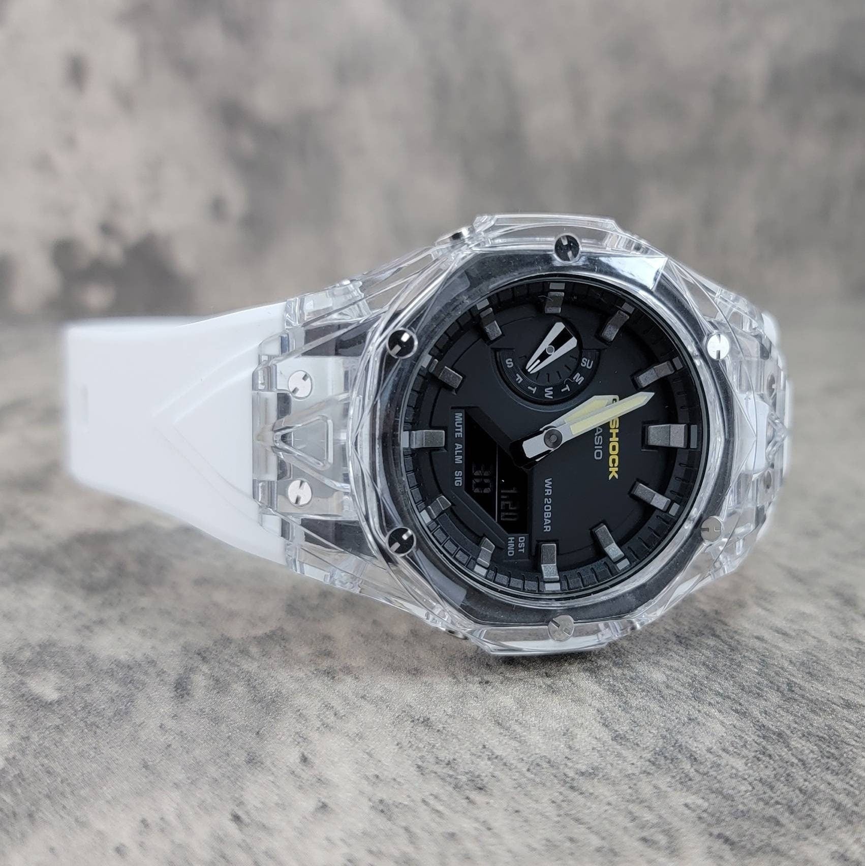 Casioak Mod Watch Transparent Case White Strap Black Gray Time Mark Black Dial 44mm - Casioak Studio