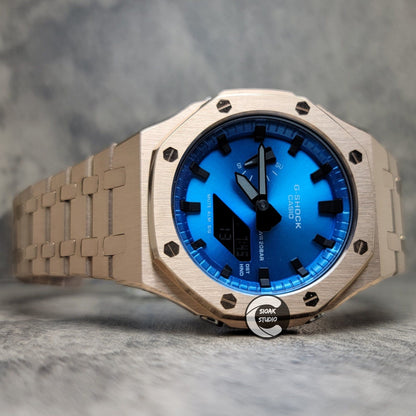 Casioak Mod Watch Rosegold Case Metal Strap Blue Black Time Mark Metallic Blue Dial 44mm - Casioak Studio