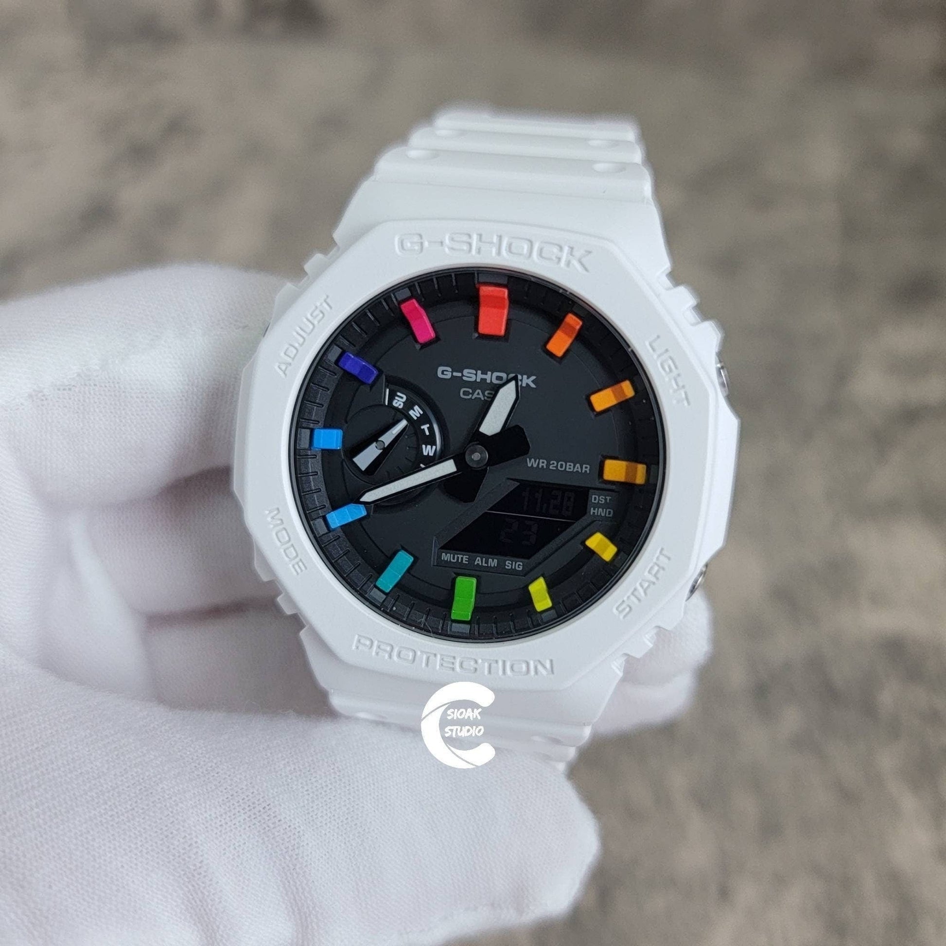 Casioak Mod Watch White Plastic Case White Strap Black Rainbow Time Mark Black Dial 44mm - Casioak Studio