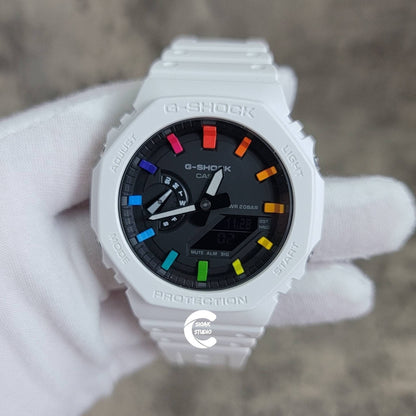 Casioak Mod Watch White Plastic Case White Strap Black Rainbow Time Mark Black Dial 44mm - Casioak Studio