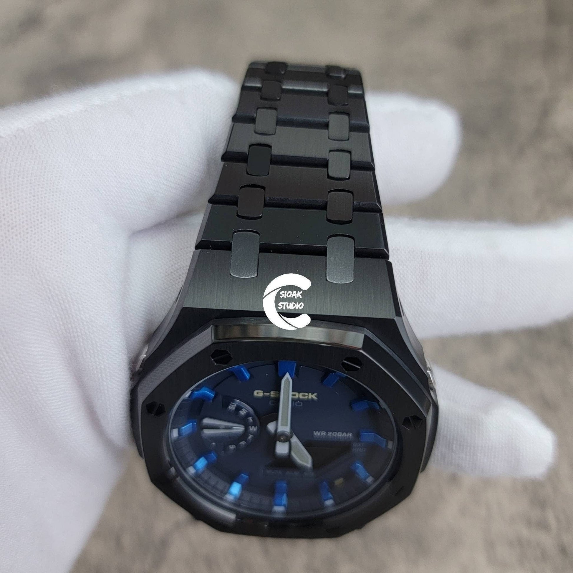 Casioak Mod Watch Black Case Metal Strap Blue  Blue Time Mark Blue Dial 44mm - Casioak Studio