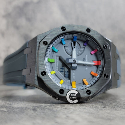 Casioak Mod Watch Grey Case Gray Rubber Strap Gray Rainbow Time Mark Gray Dial 44mm - Casioak Studio