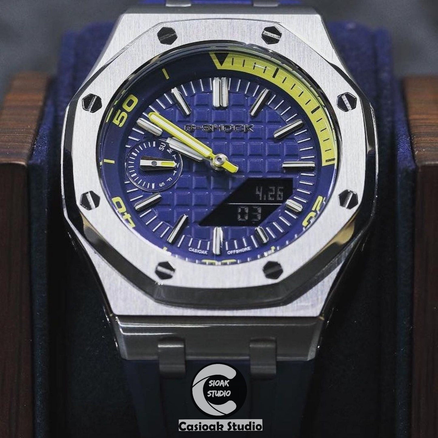 Casioak Mod Watch NEW Offshore Superior Silver Case Blue Rubber Strap Blue Time Mark Blue Dial 44mm Sapphire Glass - Casioak Studio