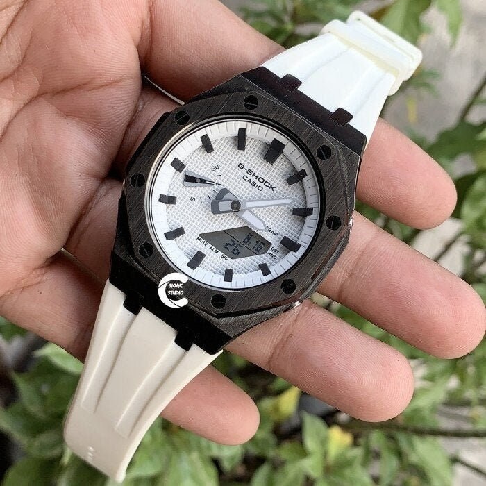 Casioak Mod Watch Black Case White Rubber Strap white Black Time Mark White Dial 44mm - Casioak Studio