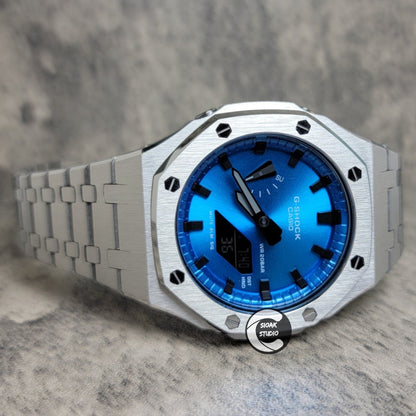 Casioak Mod Watch Silver Case Metal Strap Blue Black Time Mark Metallic Blue Dial 44mm - Casioak Studio