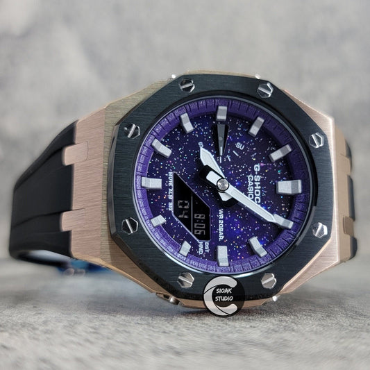 Casioak Mod Watch Black Rose Gold Case Black Rubber Strap Purple Silver Time Mark Purple Dial 44mm     Christ - Casioak Studio