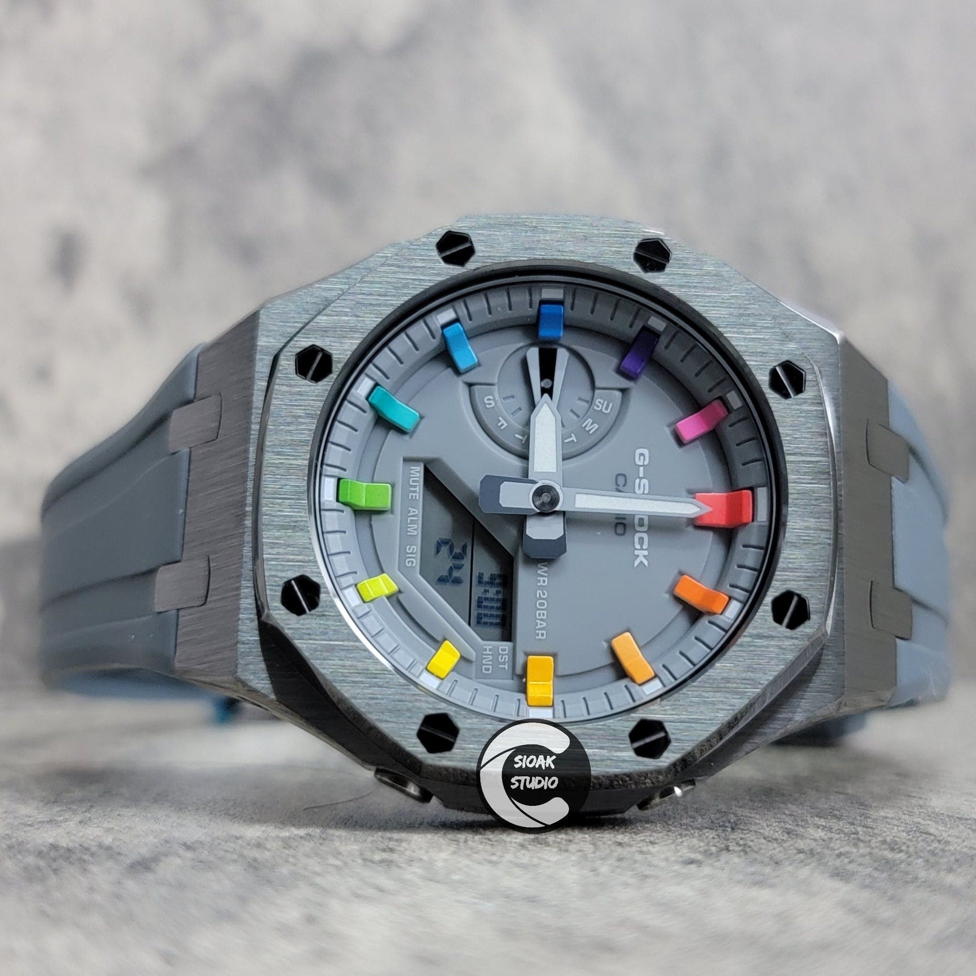 Casioak Mod Watch Grey Case Gray Rubber Strap Gray Rainbow Time Mark Gray Dial 44mm - Casioak Studio