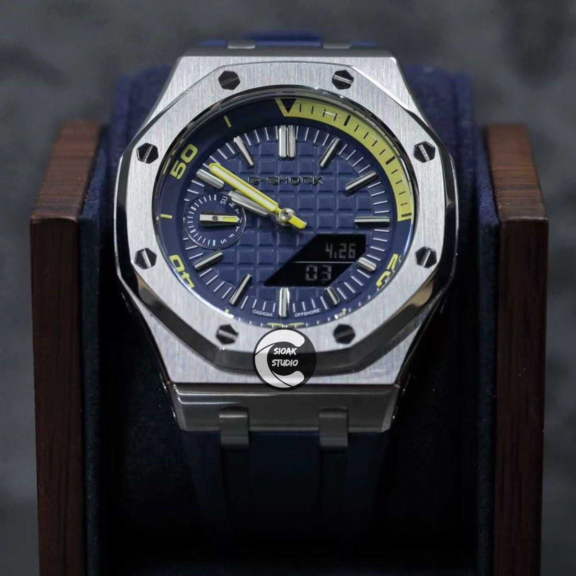 Casioak Mod Watch NEW Offshore Superior Silver Case Blue Rubber Strap Blue Time Mark Blue Dial 44mm Sapphire Glass - Casioak Studio