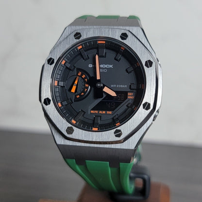 Casioak Mod Watch Gray Case Green Rubber Strap Black Black Time Mark Black Dial Orange 44mm - Casioak Studio