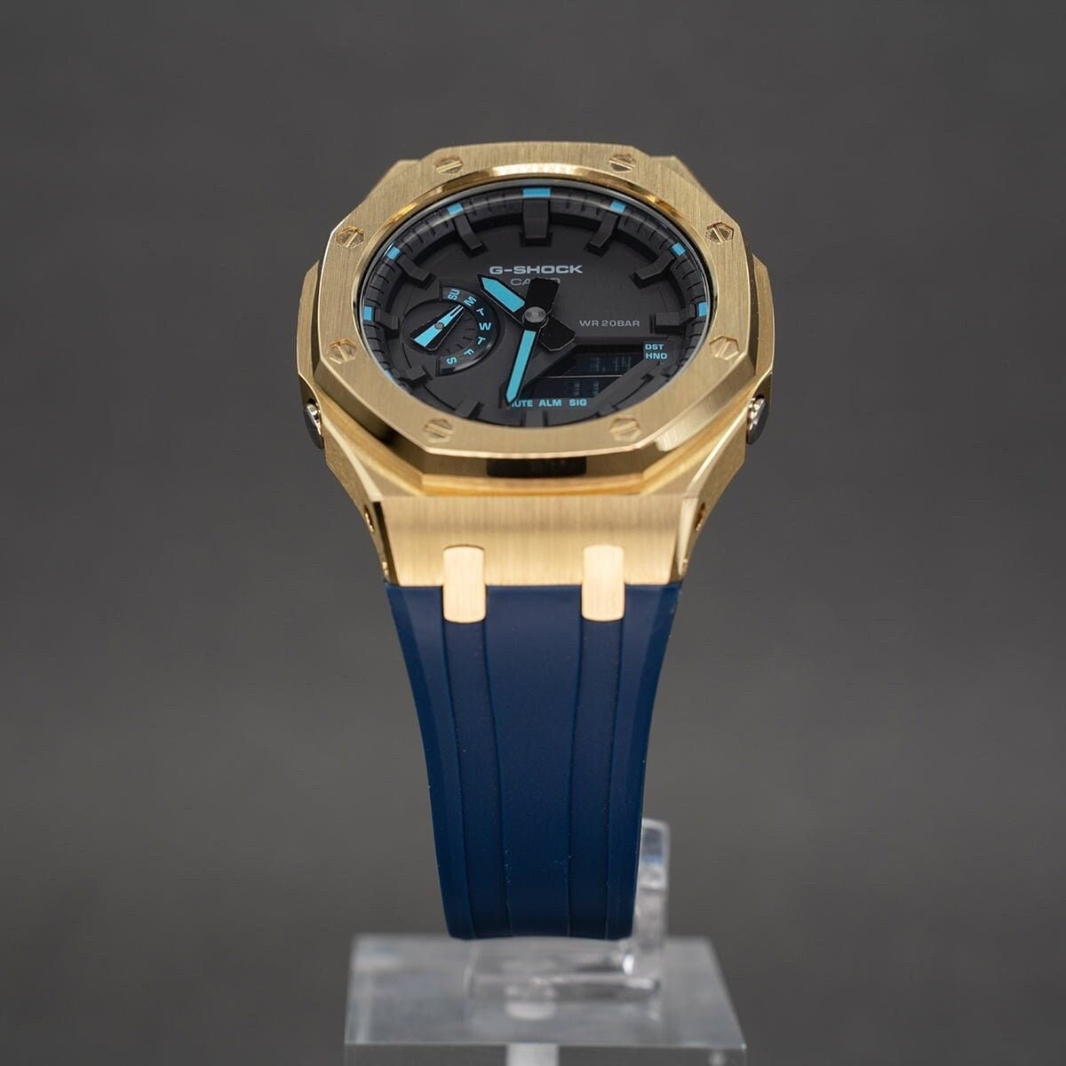 Casioak Mod Watch Gold Case Blue Rubber Strap Black Time Mark Black Dial 44mm Blue - Casioak Studio