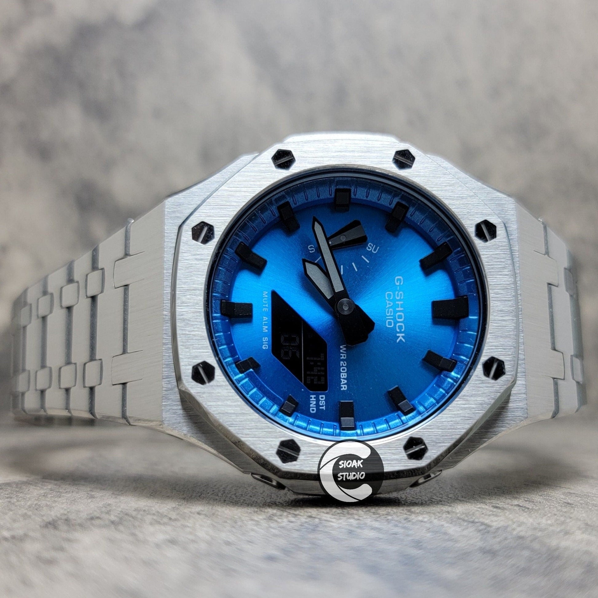 Casioak Mod Watch Silver Case Metal Strap Blue Black Time Mark Metallic Blue Dial 44mm - Casioak Studio