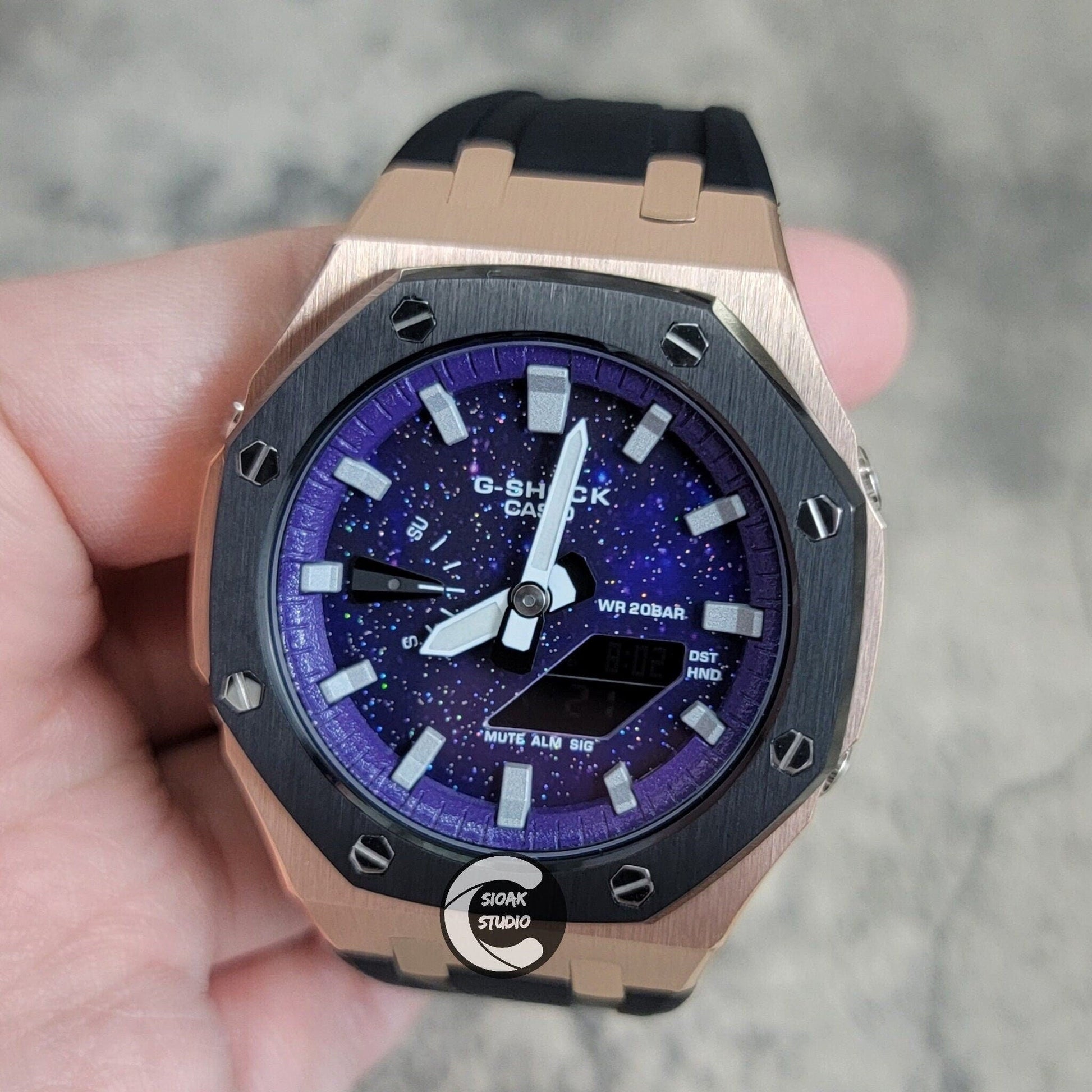 Casioak Mod Watch Black Rose Gold Case Black Rubber Strap Purple Silver Time Mark Purple Dial 44mm     Christ - Casioak Studio