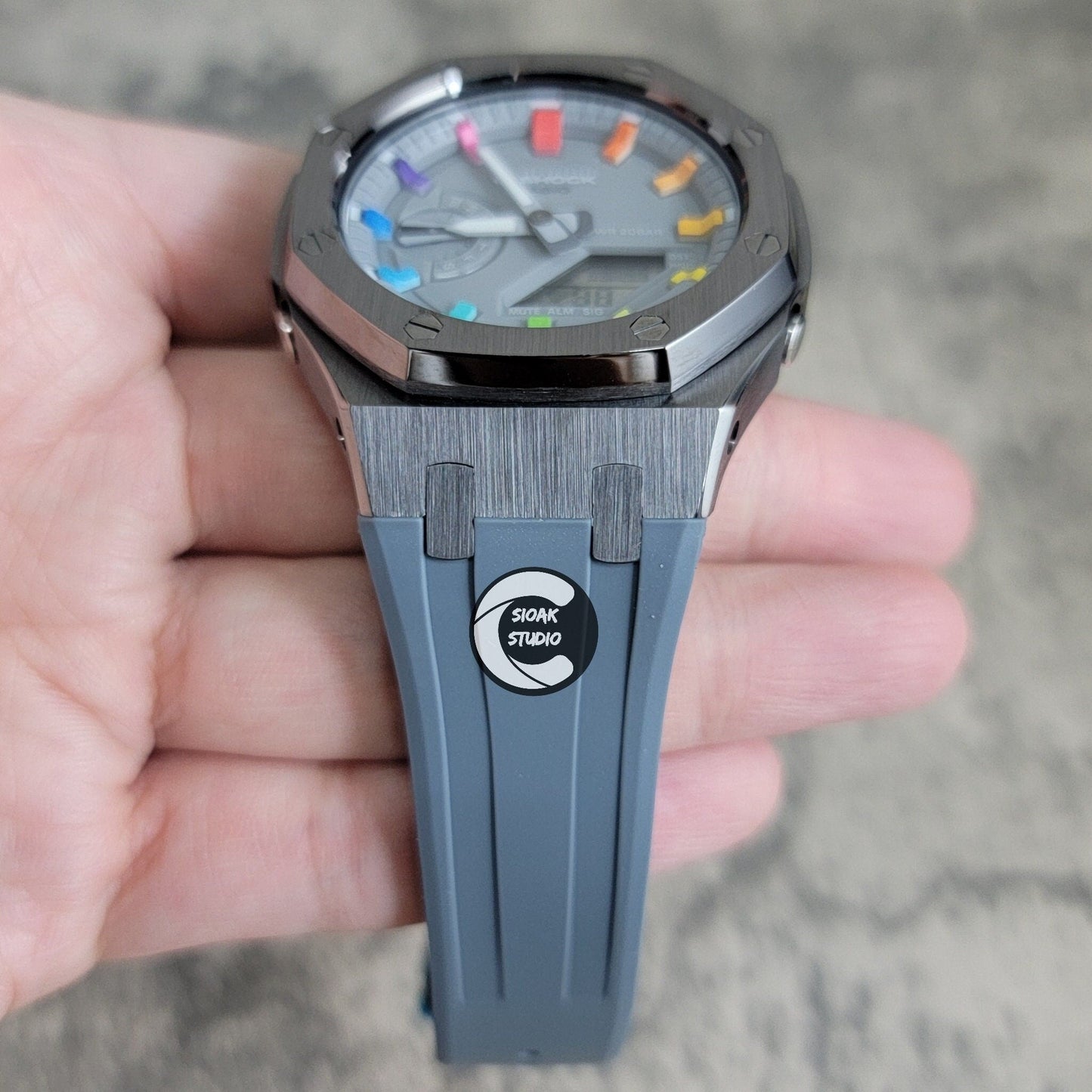 Casioak Mod Watch Grey Case Gray Rubber Strap Gray Rainbow Time Mark Gray Dial 44mm - Casioak Studio